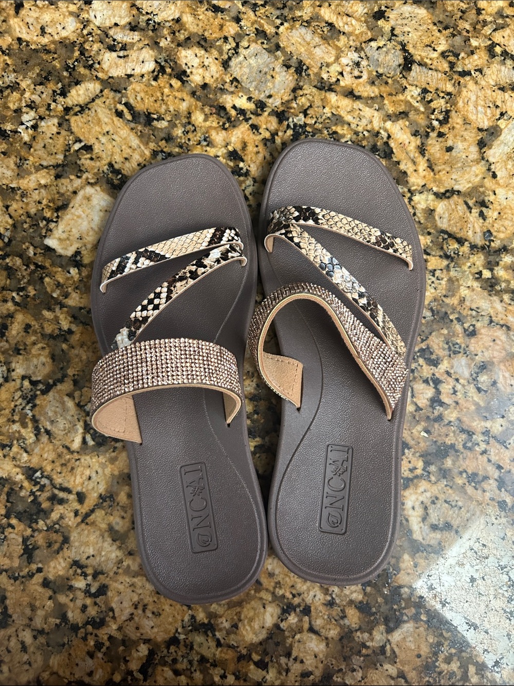 Neutral Brown Slide Sandals with Rhinestone and Snake-Print Straps